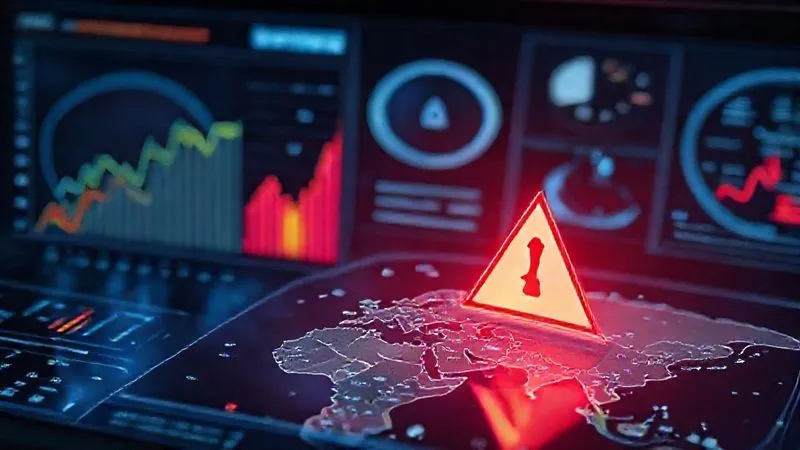 photorealistic, professional photography, 8K, cinematic lighting, sharp focus, depth of field, shot on a high-end DSLR. A holographic dashboard displaying multiple real-time data feeds: a rising graph for social unrest, a falling graph for currency stability, and a flashing alert icon over a map of a specific region, symbolizing an early warning system for political risk monitoring. The overall mood is urgent but controlled, reflecting preparedness.