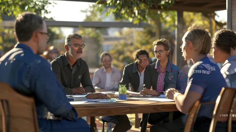 A photorealistic image of a diverse group of community members and company representatives engaging in a dialogue, perhaps at a town hall meeting or a project site. The setting is outdoors, with a sense of collaboration and listening. Cinematic lighting, sharp focus on the interacting individuals, depth of field blurring a natural or industrial background, 8K hyper-detailed, professional photography, shot on a high-end DSLR.