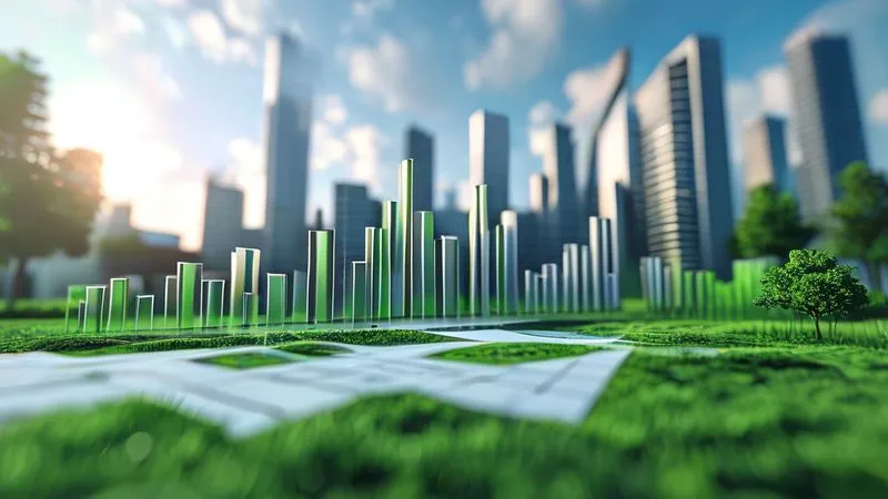 A photorealistic 3D bar chart showing a clear upward trend in financial returns correlated with increasing ESG scores over time, set against a backdrop of a thriving, green corporate campus. Cinematic lighting, sharp focus on the chart, depth of field blurring the background, 8K hyper-detailed, professional photography, shot on a high-end DSLR.