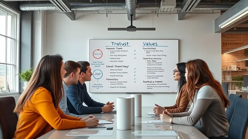 A photorealistic image of a diverse team collaborating in a modern, open-plan office space, with a large whiteboard displaying strategic goals and values. The atmosphere is one of trust and transparency, with natural light, sharp focus, depth of field, 8K hyper-detailed, professional photography.