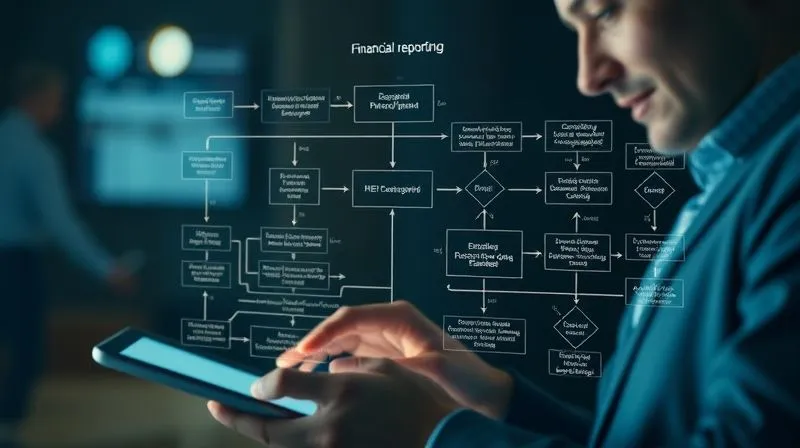 photorealistic, professional photography, 8K, cinematic lighting, sharp focus, depth of field, shot on a high-end DSLR. A detailed flowchart diagram with arrows and boxes, representing a complex financial reporting process, illuminated by a spotlight, with a blurred background of a person analyzing it on a tablet.