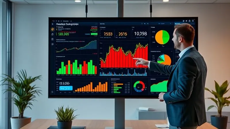 photorealistic, professional photography, 8K, cinematic lighting, sharp focus, depth of field, shot on a high-end DSLR. A dynamic, interactive financial dashboard displayed on a large monitor in a modern office, showing vibrant bar charts, line graphs, and pie charts with real-time data, an executive pointing confidently at a specific trend on the screen.