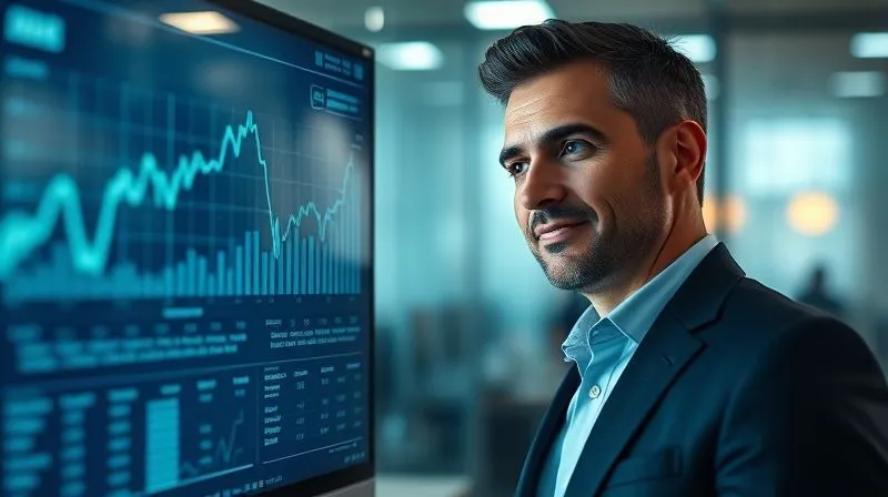 photorealistic, professional photography, 8K, cinematic lighting, sharp focus, depth of field, shot on a high-end DSLR. A confident business person, mid-shot, looking directly at a sleek, modern financial dashboard displayed on a large transparent screen, with a subtle smile, representing mastery over financial data and future-oriented thinking. The background is a blurred, modern office space.