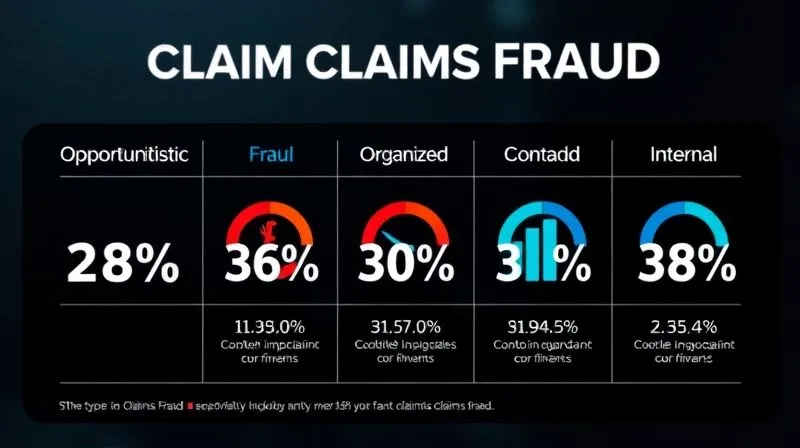 A photorealistic infographic comparing the different types of claims fraud (opportunistic, organized, internal) with percentage breakdowns and visual representations of each type, sharp focus, depth of field, shot on a high-end DSLR, 8K