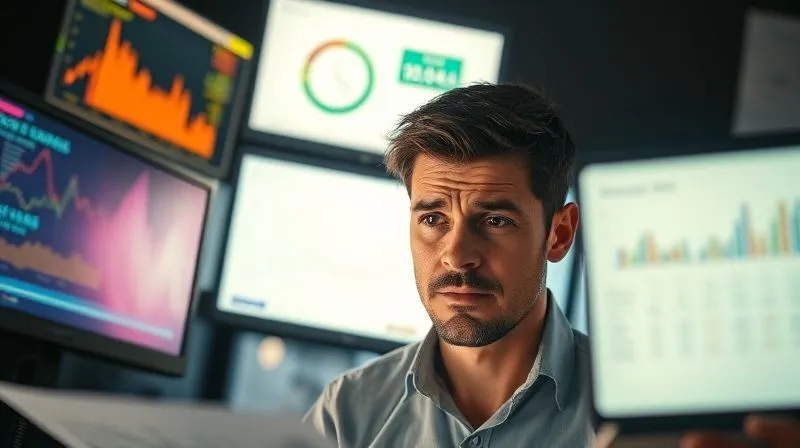 A photorealistic image of a person looking stressed while juggling multiple glowing digital screens, each displaying different financial data, with blurred documents scattered around. The cinematic lighting highlights their furrowed brow, conveying the burden of disjointed financial management. 8K hyper-detailed, depth of field.