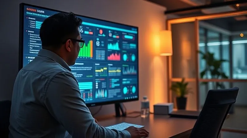 A photorealistic image of a person confidently navigating a complex digital interface on a large monitor, with simplified, colorful data visualizations, while a serene, organized workspace surrounds them. The cinematic lighting creates a sense of empowerment and clarity. 8K hyper-detailed, sharp focus on the screen, depth of field.