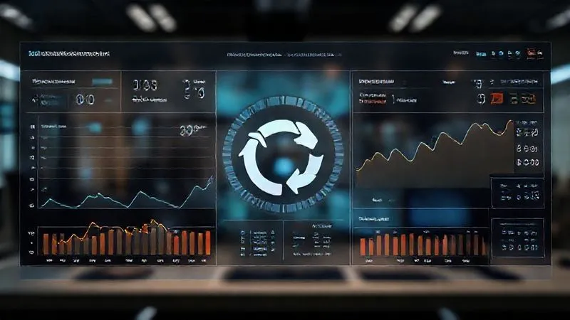A photorealistic, professional photography, 8K, cinematic lighting, sharp focus, depth of field, shot on a high-end DSLR of a dynamic digital dashboard displaying real-time metrics for loan processing and fraud detection. Charts show trends in approval times, fraud detection rates, and false positives. A circular arrow icon in the center symbolizes continuous improvement and iterative model retraining. The background is a blurred, modern control room.