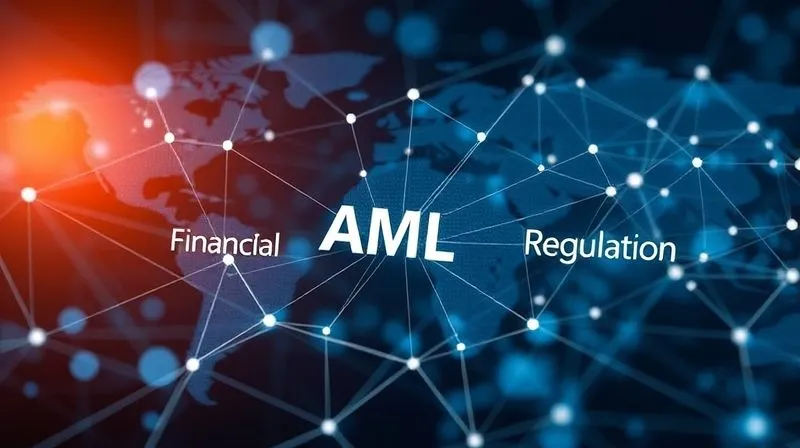A photorealistic, professional photography, 8K image of a complex, interwoven digital web representing global financial regulations, with specific nodes highlighting AML rules. The web is illuminated by subtle, dynamic light, suggesting constant change and interconnectedness. Sharp focus on the central nexus, depth of field blurring the regulatory text in the background. Shot on a high-end DSLR, conveying the intricate nature of compliance.