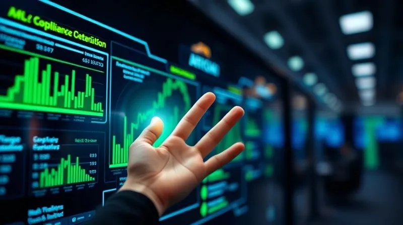 A photorealistic, professional photography, 8K image showing a sleek, modern control panel with holographic data visualizations, representing an automated AML compliance system. Green and blue light streams indicate smooth data flow and real-time alerts. A human hand, in sharp focus, lightly touches a glowing interface. Cinematic lighting, depth of field blurring the background of a high-tech financial operations center. Shot on a high-end DSLR, symbolizing human oversight and technological efficiency.