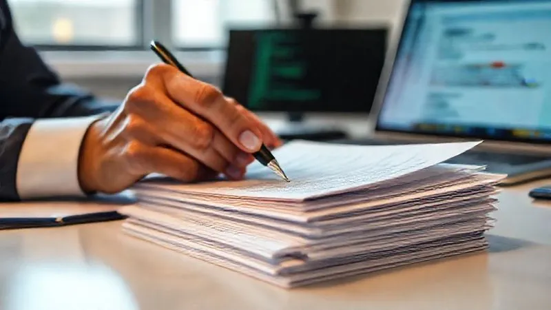 Photorealistic, professional photography, 8K, cinematic lighting, sharp focus, depth of field, shot on a high-end DSLR. A person's hands meticulously organizing and annotating a stack of financial documents and correspondence letters on a clean desk. A pen is poised over a ledger, and a computer screen in the background displays an email client. The scene emphasizes careful record-keeping and diligence.