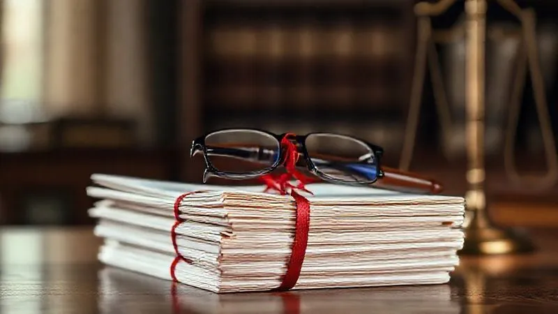 Photorealistic, professional photography, 8K, cinematic lighting, sharp focus, depth of field, shot on a high-end DSLR. A stack of legal documents tied with a red ribbon, a small wooden gavel, and a pair of reading glasses resting on top. The background is softly blurred, suggesting a serious legal setting like a law office. The lighting should evoke a sense of urgency and gravity.