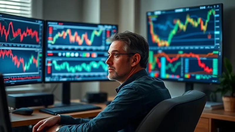 A photorealistic, professional photography, 8K, cinematic lighting, sharp focus, depth of field, shot on a high-end DSLR, showing a calm, composed investor sitting in a modern home office, looking thoughtfully at a multi-screen setup displaying fluctuating stock charts. The investor's expression is one of focus and quiet confidence, not panic, symbolizing emotional discipline in investing.