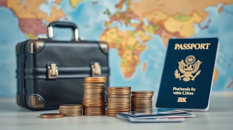 A photorealistic, professional photograph of a stack of coins and bills neatly organized next to a miniature suitcase and a passport, with a blurred background of a world map. The scene conveys careful financial planning for travel, 8K, cinematic lighting, sharp focus, depth of field, shot on a high-end DSLR.