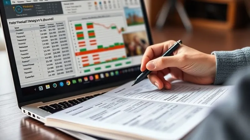 A photorealistic, professional photograph of a laptop screen displaying a detailed financial spreadsheet with colorful charts and graphs, overlaid with a person's hands holding a pen, making notes in a travel journal. The background shows a subtle, blurred image of a family vacation photo. The scene conveys post-trip financial analysis and learning, 8K, cinematic lighting, sharp focus, depth of field, shot on a high-end DSLR.