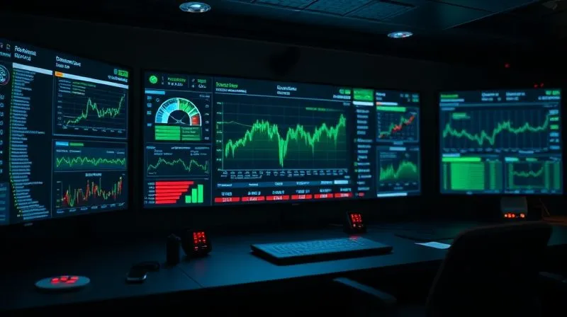 A photorealistic image of a sophisticated blockchain transaction monitoring dashboard, displaying real-time data flows, network graphs, and alert indicators in a dimly lit, high-tech control room. The screen glows with green and blue data lines, sharp focus on the central analytical display, depth of field blurring the surrounding tech, 8K hyper-detailed, professional photography, shot on a high-end DSLR, conveying constant vigilance and complex data analysis.