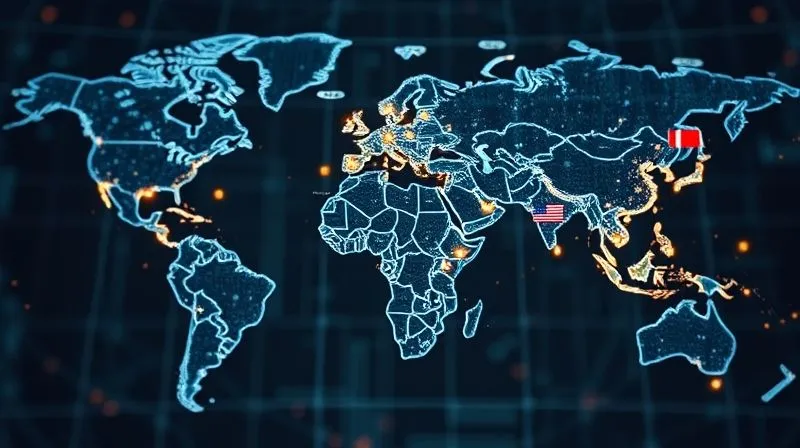 A photorealistic image of a global map made of intricate digital circuits, with different countries highlighted and connected by glowing data streams. Various national flags are subtly integrated as markers on the map. The scene is professional, with soft, ambient lighting, sharp focus on the interconnected global network, depth of field blurring the background, 8K hyper-detailed, professional photography, shot on a high-end DSLR, conveying the complexity of international digital currency regulations.