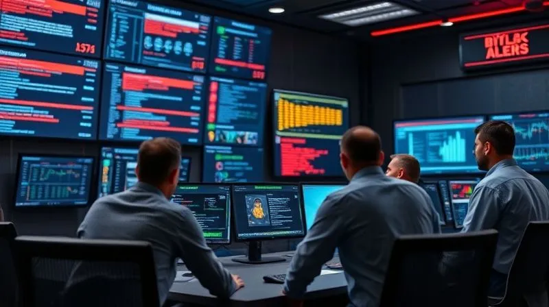 A photorealistic image of a crisis management team in a modern command center, intensely focused on multiple screens displaying data breach alerts and real-time mitigation efforts. The atmosphere is urgent but controlled. Professional photography, 8K, cinematic lighting, sharp focus on the team, depth of field blurring the background, shot on a high-end DSLR, conveying preparedness.