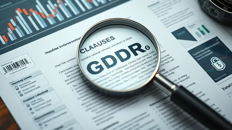 A photorealistic image of a legal document with a magnifying glass hovering over complex GDPR clauses, surrounded by financial charts and digital security icons. Professional photography, 8K, cinematic lighting, sharp focus on the document, depth of field blurring the background, shot on a high-end DSLR, conveying scrutiny and compliance.