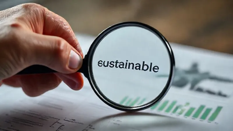 A photorealistic, professional photography, 8K, cinematic lighting, sharp focus, depth of field. A hand holding a magnifying glass over a company report where the word "sustainable" is highlighted, but the background shows a subtle, blurred image of a smokestack, symbolizing greenwashing.