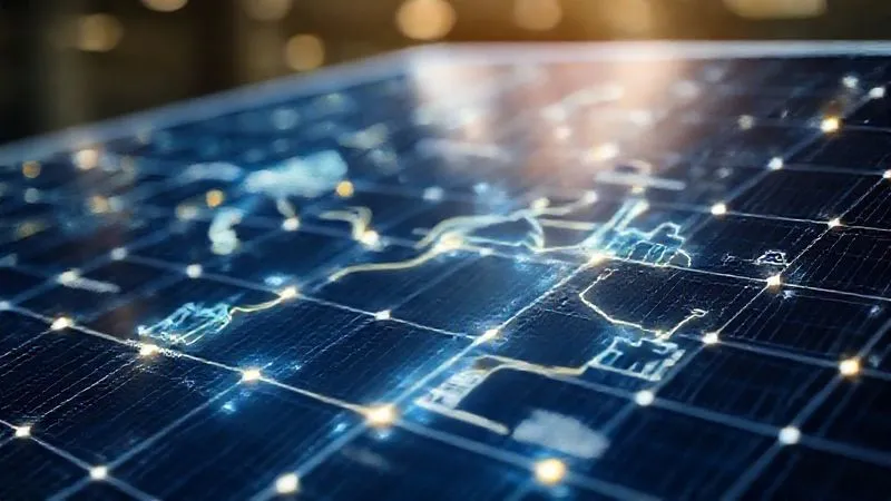 A photorealistic, professional photography, 8K, cinematic lighting, sharp focus, depth of field. A complex, transparent 3D diagram of a solar panel's supply chain, with glowing lines connecting raw material extraction to manufacturing and end-of-life recycling, highlighting areas of potential environmental impact, symbolizing supply chain transparency.