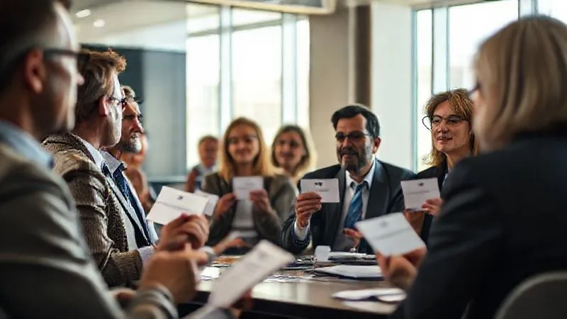 A photorealistic, professional photography, 8K, cinematic lighting, sharp focus, depth of field. A diverse group of investors, some holding 'vote' cards, in a modern, sunlit conference room, actively engaged in a discussion about ethical corporate governance, symbolizing shareholder activism.