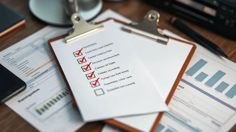 A photorealistic image of a clipboard with a checklist, where several items are highlighted with a red 'X' mark. The clipboard is on a professional desk with financial documents slightly blurred in the background. Professional photography, 8K, cinematic lighting, sharp focus on the checklist, depth of field blurring the background, shot on a high-end DSLR.