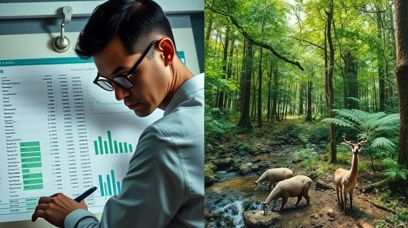 photorealistic, professional photography, 8K, cinematic lighting, sharp focus, depth of field, shot on a high-end DSLR. A split screen view: on one side, a professional analyst scrutinizing a complex spreadsheet of ESG metrics with various data points and charts; on the other side, a vibrant, healthy forest with clear water and thriving wildlife, representing the real-world impact of genuine sustainable investing. The connection between data and impact should be visually clear.