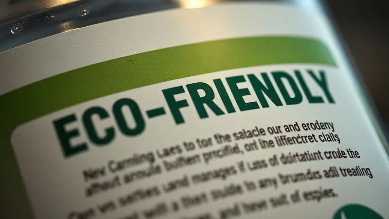 Photorealistic, professional photography, 8K, cinematic lighting, sharp focus, depth of field, shot on a high-end DSLR. A close-up of a product label with the word 'ECO-FRIENDLY' prominently displayed, but the fine print beneath is blurred and difficult to read, hinting at hidden details or vague claims. The lighting creates a subtle sense of unease.