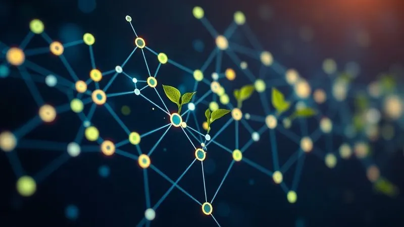 Photorealistic, professional photography, 8K, cinematic lighting, sharp focus, depth of field, shot on a high-end DSLR. A sophisticated, balanced financial portfolio represented by glowing, interconnected nodes on a digital screen, with green leaves subtly growing from some of the nodes, symbolizing genuine ethical growth. The overall impression is one of strength, integrity, and future-readiness.