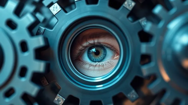 A photorealistic image of a series of interlocking gears, representing continuous monitoring and interconnected systems, with a steady, watchful eye peering through the center. The gears are turning smoothly, conveying ongoing processes and vigilance. Professional photography, 8K, cinematic lighting, sharp focus on the gears and eye, depth of field, shot on a high-end DSLR.