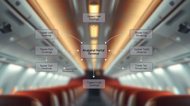A complex financial flowchart with arrows pointing to various revenue streams, some labeled 'ancillary fees', set against a blurred background of an airplane cabin. Photorealistic, professional photography, 8K, cinematic lighting, sharp focus, depth of field.