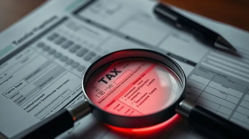 A photorealistic professional photography image of a magnifying glass hovering over a tax form, with certain deduction lines highlighted in a subtle red glow, suggesting scrutiny. 8K, cinematic lighting, sharp focus on the magnifying glass and tax form, depth of field blurring the background, shot on a high-end DSLR.