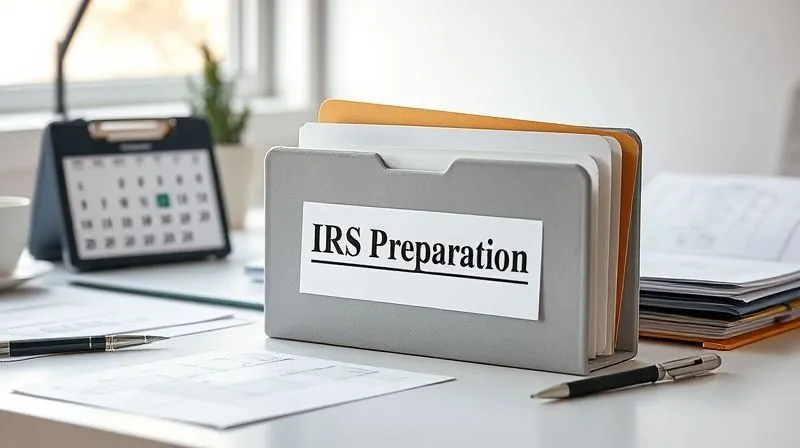A photorealistic professional photography image of a neatly organized file folder labeled 'IRS Audit Preparation' on a clean, modern desk, surrounded by organized financial documents and a calendar. The scene is well-lit with cinematic lighting, sharp focus on the folder, and a subtle depth of field. 8K, shot on a high-end DSLR.