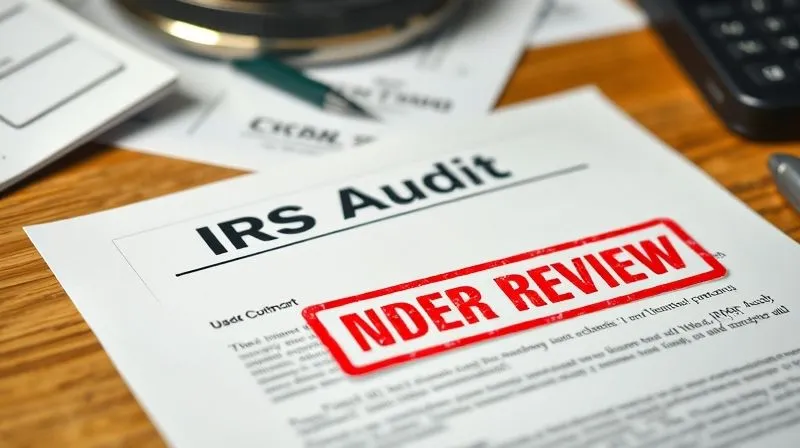 A photorealistic image of a detailed IRS audit letter on a desk, with a red stamp indicating 'Under Review', professional photography, 8K, cinematic lighting, sharp focus on the letter, depth of field blurring a background of financial documents, shot on a high-end DSLR, conveying seriousness and scrutiny.