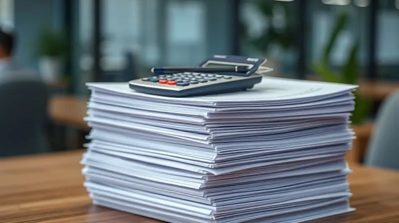 A photorealistic image of a stack of neatly organized payroll records and timesheets, with a calculator and pen resting on top, professional photography, 8K, cinematic lighting, sharp focus on the documents, depth of field blurring a background of an office, shot on a high-end DSLR, conveying precision and meticulousness.