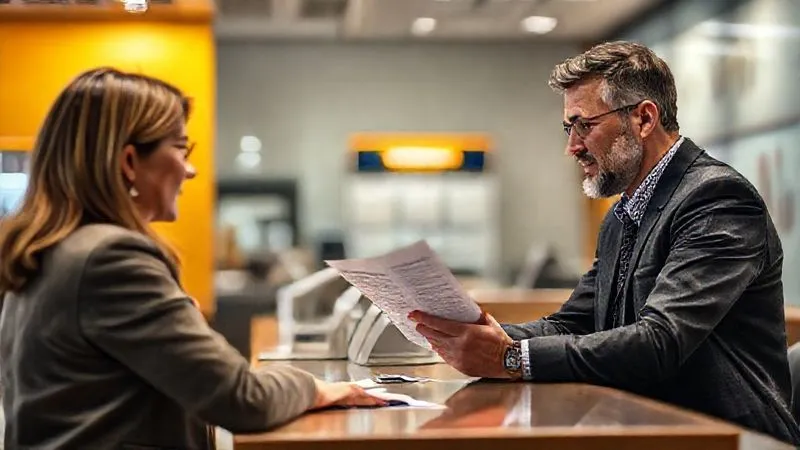 A photorealistic image of a bank teller clearly explaining a complex document to a customer across a counter, with a focus on their engaged expressions. The lighting is bright and professional, emphasizing clarity and trust. 8K, cinematic lighting, sharp focus, depth of field, shot on a high-end DSLR.