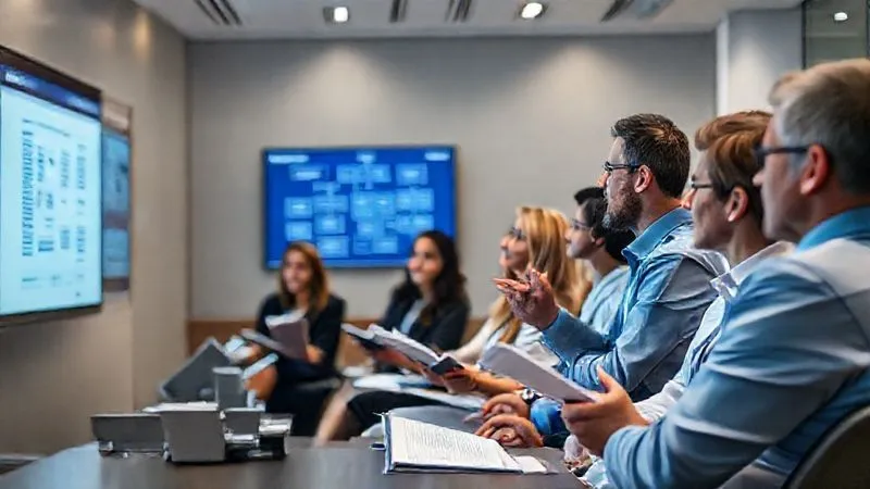 A photorealistic, professional photography, 8K, cinematic lighting, sharp focus, depth of field, shot on a high-end DSLR image of a diverse group of bank employees actively participating in a compliance training session. They are engaged, taking notes, and interacting with a speaker who is gesturing towards a screen displaying a flowchart. The atmosphere is collaborative and educational, conveying the importance of shared knowledge.
