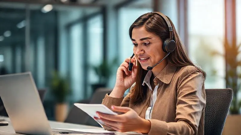 A photorealistic, professional photography, 8K, cinematic lighting, sharp focus, depth of field, shot on a high-end DSLR image of a calm and empathetic customer service representative actively listening to a customer on the phone, taking notes diligently. The background is a modern, professional office setting, conveying efficiency and care. No text or logos.