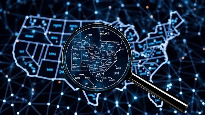 A photorealistic image of a complex, interconnected web of state borders overlaid with digital data points and arrows, symbolizing the intricate and varied multi-state sales tax landscape for e-commerce. A magnifying glass hovers over a specific state, highlighting its unique regulations. Cinematic lighting, sharp focus, depth of field, 8K hyper-detailed, professional photography, shot on a high-end DSLR.