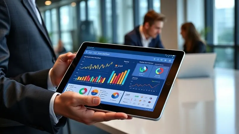 A photorealistic image of a sleek, modern tablet displaying a sales tax automation dashboard with colorful graphs and data, being used by a professional in a collaborative office setting. In the background, a consultant is discussing complex tax regulations with another team member. The scene conveys efficiency, expertise, and technological integration. Cinematic lighting, sharp focus on the tablet, depth of field, 8K hyper-detailed, professional photography, shot on a high-end DSLR.
