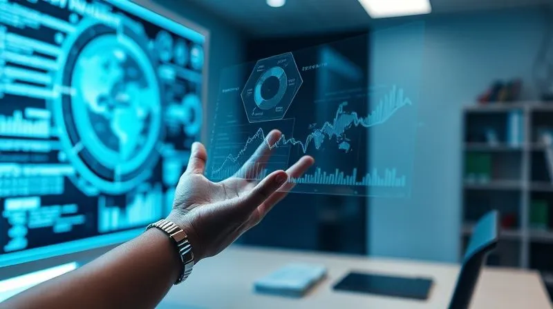 Photorealistic, professional photography, 8K, cinematic lighting, sharp focus, depth of field. A futuristic, minimalist office setting where a human hand is interacting with a holographic interface displaying complex data visualizations of supply chain logistics and cost efficiencies, symbolizing smart operational management. The lighting is cool and analytical.