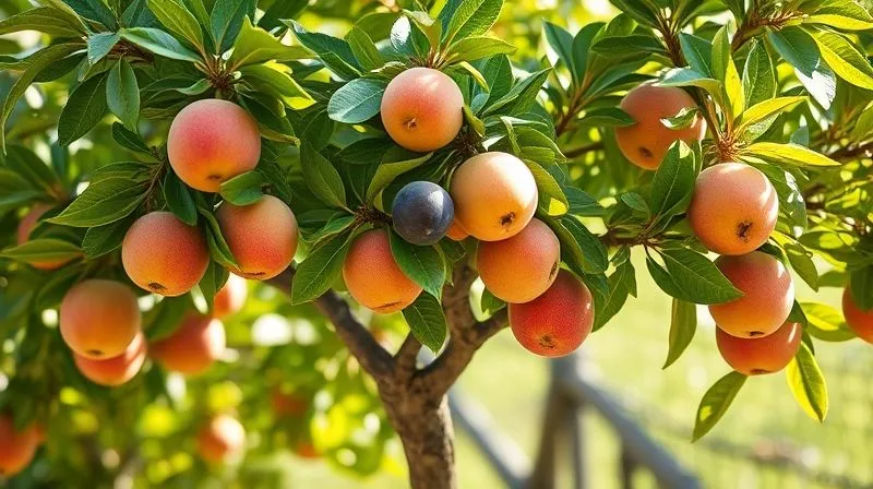 Photorealistic, professional photography, 8K, cinematic lighting, sharp focus, depth of field. A tree with multiple healthy branches, each branch bearing different types of ripe fruit, symbolizing diversified revenue streams stemming from a strong core business. The tree is vibrant and well-nourished, set against a bright, natural background.