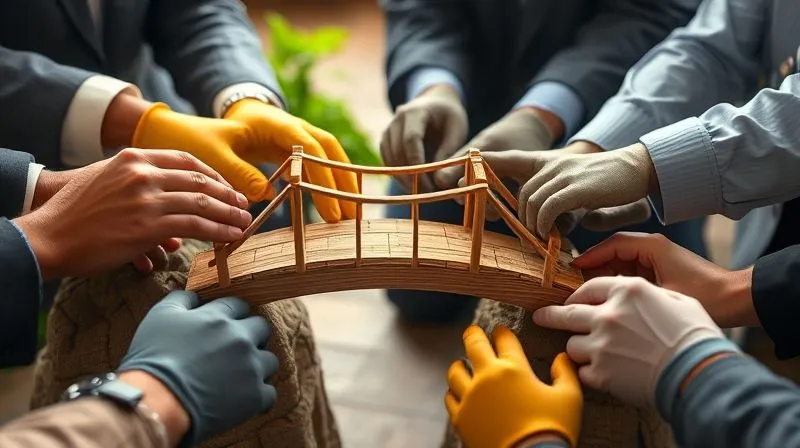 A photorealistic close-up of diverse hands, some in business attire, some in work gloves, collaboratively building a miniature, intricate wooden bridge that connects two halves of a thriving community model. The scene is bathed in warm, collaborative cinematic lighting, 8K, sharp focus.