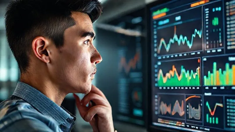 photorealistic, professional photography, 8K, cinematic lighting, sharp focus, depth of field, shot on a high-end DSLR. A young professional with a thoughtful expression, looking at a complex digital dashboard displaying financial data, charts, and graphs related to debt and investments. The screen emits a soft, strategic glow on their face, highlighting the intensity of financial decision-making. The background is a modern, minimalist office setting, conveying focus and expertise.