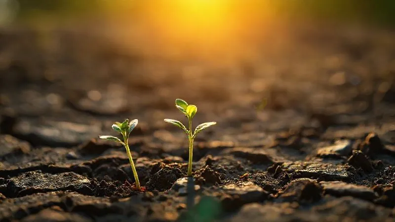 photorealistic, professional photography, 8K, cinematic lighting, sharp focus, depth of field, shot on a high-end DSLR. A vibrant, green plant seedling pushing through cracked earth, reaching towards a bright, distant sun, symbolizing growth, new beginnings, and long-term investment. The background is softly blurred, emphasizing the seedling's determined emergence. The lighting is warm and hopeful, highlighting the delicate new growth.