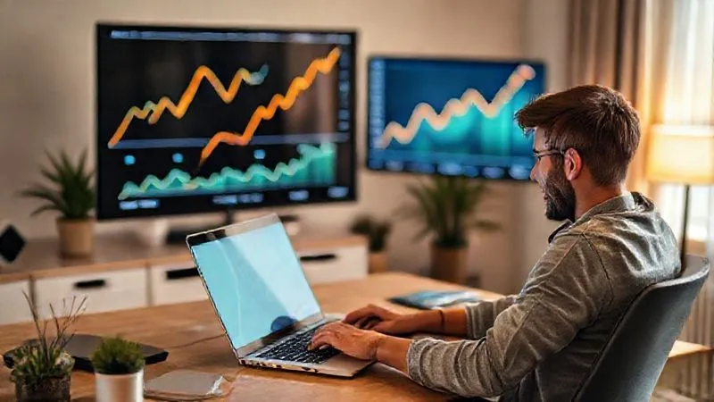 photorealistic, professional photography, 8K, cinematic lighting, sharp focus, depth of field, shot on a high-end DSLR, a person enthusiastically working on a laptop at a sleek home office setup, with subtle graphs showing upward trends in the background on a monitor, symbolizing income generation and career growth. The atmosphere is optimistic and productive.