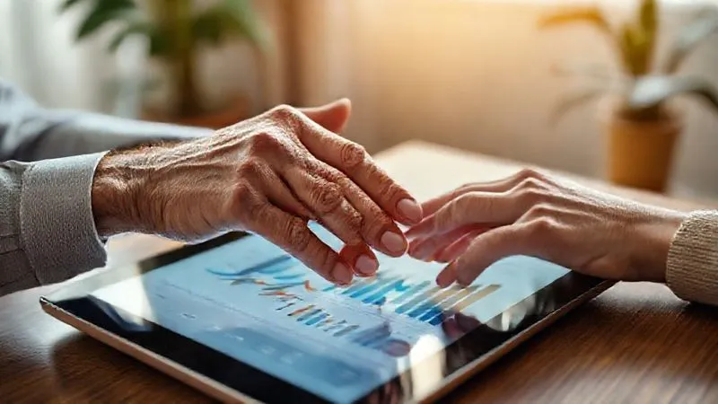 photorealistic, professional photography, 8K, cinematic lighting, sharp focus, depth of field, shot on a high-end DSLR, two hands, one older and one younger, gently clasping over a tablet displaying a balanced financial projection chart. The setting is a cozy, professional financial advisor's office, conveying trust and collaborative planning.