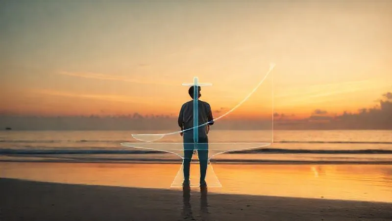 photorealistic, professional photography, 8K, cinematic lighting, sharp focus, depth of field, shot on a high-end DSLR, a serene and confident individual standing on a calm beach at sunset, looking out at the horizon, with a subtle, stylized graphic overlay of a balanced financial scale or a rising wealth curve, symbolizing long-term financial freedom and peace of mind after successfully balancing debt and savings.