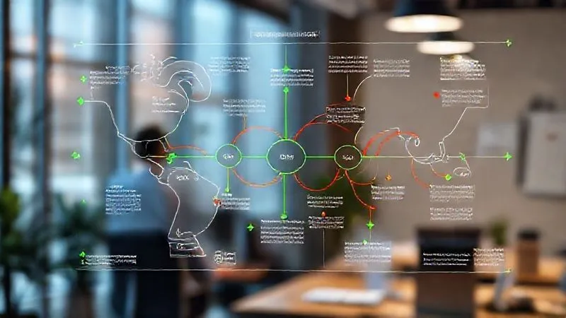 A photorealistic, professional photography image of a complex customer journey map with various touchpoints and feedback loops, highlighted with green arrows indicating positive engagement and red arrows showing potential churn points. 8K, cinematic lighting, sharp focus on the map details, depth of field blurring a background of a modern office, shot on a high-end DSLR.
