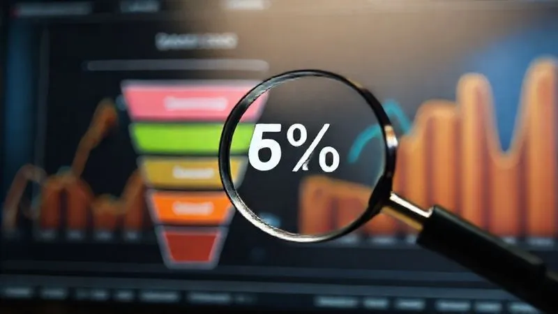 A photorealistic, professional photography image of a sales funnel diagram, clearly showing different stages (Awareness, Interest, Desire, Action) with a magnifying glass hovering over the "Action" stage, symbolizing conversion rate optimization. The magnifying glass highlights positive percentage increases. 8K, cinematic lighting, sharp focus on the funnel and magnifying glass, depth of field blurring a background of digital analytics, shot on a high-end DSLR.